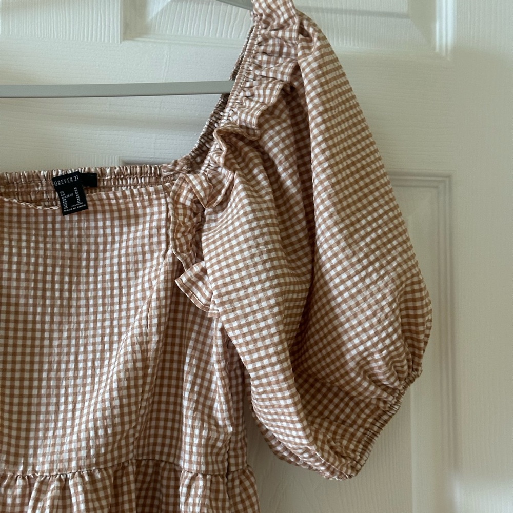 Forever 21 Gingham Puff-Sleeve Tiered Mini Dress - Beige & White - Picture 7 of 7